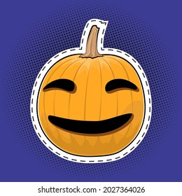 Carved scary pumpkin, Jack-o-Lantern on a purple violet pop art halftone background, Halloween holiday, black dots in the form of a circle, pins or patches, retro style, vector illustration