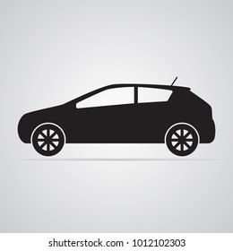 Carved Silhouette Flat Icon, Simple Vector Design. Car In Profile For Illustration Of Transport, Car Dealers And Passenger Transport. Symbol Of Body Type Hatchback