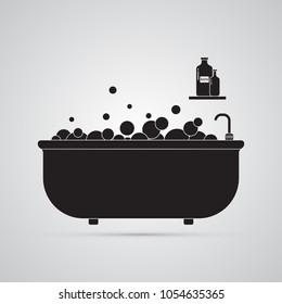 Carved silhouette flat icon, simple vector design. Bathtub with bubbles of foam and bottles for illustration for bathroom, plumbing and hygiene