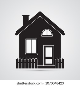 Carved silhouette flat icon, simple vector design. House with door, windows, fence, roof and chimney for illustration of housing and dwelling. Symbol for realtor, coziness and housewarming.