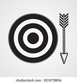 Carved silhouette flat icon, simple vector design. Circle with arrow. Illustration of target hit game, active sport, archery, darts, purpose in business.
