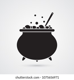 Carved silhouette flat icon, simple vector design. Cartoon witches cauldron with potion, bubbles and spoon for illustration of magic, witchcraft, boiling potions. Symbol of Halloween.