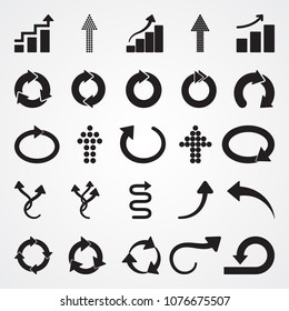 Carved silhouette flat icon, simple vector design. Set of various arrows for illustration of time, round, dynamic, consistency, up, next, rise, finance and business. Collection of basic symbols