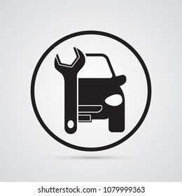 Carved silhouette flat icon, simple vector design. Anfas car with wrench in round for illustration of locksmith work, repairs, garage.