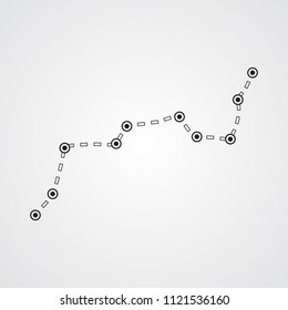 Carved silhouette flat icon, simple vector design. Dotted line with destinations for illustration of route, road, travel, territory, map, chart and business graph, earnings.
