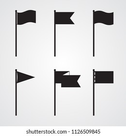 Carved silhouette flat icon, simple vector design. Set of mapping pointers and flags for illustration of route, road, travel, territory, map, destinations. 