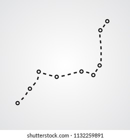 Silhouette Silhouette flach Symbol, einfache Vektordesign. gepunktete Linie mit Zielorten zur Illustration von Route, Straße, Reise, Gebiet, Karte, Diagramm und Geschäftsdiagramm.