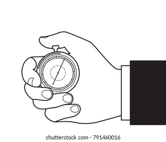Carved silhouette flat icon, simple vector design. Businessman hand with stopwatch. Illustration for time, business, speed of work and diligence.