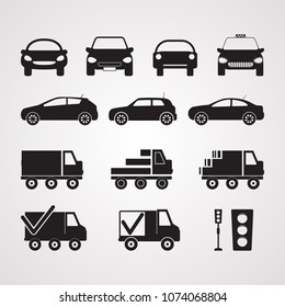 Carved silhouette flat icons, vector. Set of different cars in profile and full face. Illustration of transport, passenger and cargo transport. Truck, sedan, hatchback. Symbol of delivery and taxi.