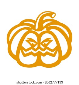 Carved silhouette of pumpkin lantern. Halloween decoration mockup. Evil eyes, terrible grin. Orange object on a white background. Vector illustration, template for plotter laser cutting of paper, cnc.