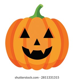 Carved smiling Halloween pumpkin with classic festive face isolated on white background flat vector illustration representing autumn celebration seasonal decoration spooky holiday and harvest themed creative projects.