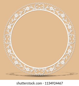 carved vintage frame made of paper for picture or photo with shadow on gray background
