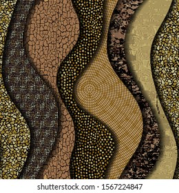Carved waves of ornamental mosaic tile patterns. Different mosaic textures. Vector image.
