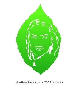 carved woman on green leaves without background
