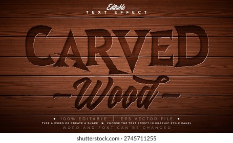 Carved Wood Editable Text Effect Design Vector Graphic Style with Vintage Wooden Hand-Carving Typography Lettering and Shadow on Natural Background. Scalable Engraved Texture Luxury Illustration Template for Greeting Card, Flyer, Banner, Celebration Poster or Party Invitation.