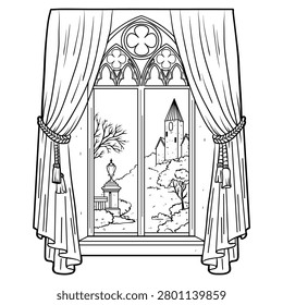 Carved wooden gothic window with heavy curtains and tassels opening to a garden path, medieval castle tower and houses. Dark academia aesthetic. Outline vector illustration
