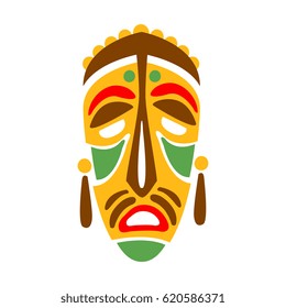 Carved Wooden Mask With Human Face, Native Indian Culture Inspired Boho Ethnic Style Print