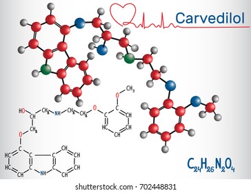 Molécula de Carvedilol - fórmula química estructural y modelo. Medicamento usado como bloqueador beta para el tratamiento de la insuficiencia cardíaca congestiva.Ilustración vectorial