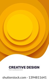 Carving art concept with yellow circle paper cut shapes and header. Vector creative 3d abstract background with wave frame. Template composition layout design for web, site, vertical banner, poster