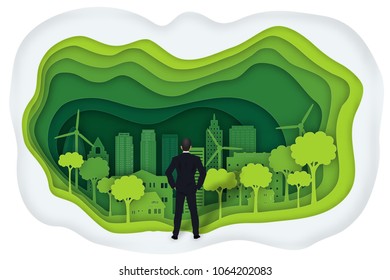 Carving design of businessman view back and park city on green town background as business, ecology idea, Paper art and craft style concept. vector illustration