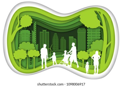 Carving design of city urban and family with green nature as happy, quality of life, ecology idea, Paper cut art and craft style concept. vector illustration.