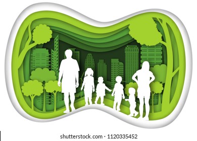 Carving Design Of City Urban, Father, Mother, Son And Baby With Green Nature As Happy Family, Quality Of Life, Ecology Idea, Paper Cut Art And Craft Style Concept. Vector Illustration.