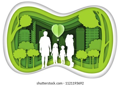 Carving Design Of City Urban, Father, Mother, Son And Baby With Green Nature As Happy Family, Quality Of Life, Ecology Idea, Paper Cut Art And Craft Style Concept. Vector Illustration.