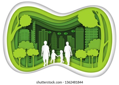 Carving design of city urban, father, mother, son and baby with green nature as happy family, quality of life, ecology idea, Paper cut art and craft style concept. vector illustration.