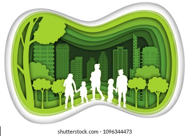 Carving design of city urban, mom, son and baby with green nature as happy family, quality of life, ecology idea, Paper cut art and craft style concept. vector illustration.