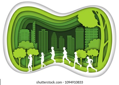 Carving design of city urban and peoples walking and running with green nature as exercise, healthy, quality of life, ecology idea, Paper cut art and craft style concept. vector illustration.