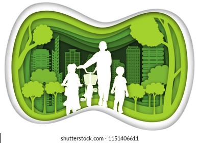 Carving design of city urban and peoples exercise by bicycle with green nature as healthy, quality of life, ecology idea, Paper cut art and craft style concept. vector illustration.