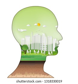 Carving design of city urban and peoples in the green nature as healthy, quality of life, ecology idea, Paper cut art and craft style concept. vector illustration.
