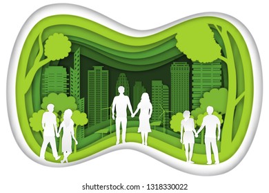 Carving design of city urban and peoples and lover in the green nature as healthy, quality of life, ecology idea, Paper cut art and craft style concept. vector illustration.