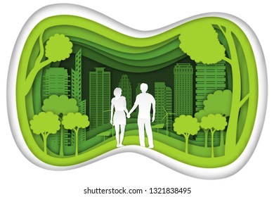 Carving design of city urban and peoples and lover in the green nature as healthy, quality of life, ecology idea, Paper cut art and craft style concept. vector illustration.