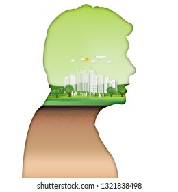 Carving design of city urban and peoples in the green nature as healthy, quality of life, ecology idea, Paper cut art and craft style concept. vector illustration.