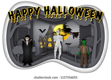 Carving design of Ghosts in the dark night halloween and full moon background as happy festival day and party concept. vector illustration.