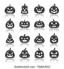 Carving face Halloween Pumpkin black silhouette with reflection icon set. Monochrome flat design vector illustration symbol collection. Simple graphic pictogram pack. Web, print, card, banner concept