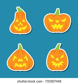 Carving face Halloween Pumpkin icon set. Flat design symbol collection. Color logo concept for web, infographic, print, card, office or business style. Sign isolated on white. Vector illustration