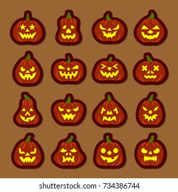 Carving face Halloween Pumpkin icon sticker set. Flat style color badges for web banner, emblem, logo. Element collection for print, tag, label, poster. Patchwork scrapbook design. Vector illustration