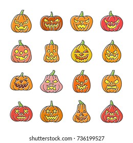 Carving face Halloween Pumpkin icon set. Vector flat design line icon with displaced fill. Web, infographic, print, card, office, business style, sticker, badge color concept. Sign isolated on white