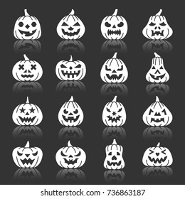 Carving face Halloween Pumpkin white silhouette with reflection icon set. Monochrome flat design vector illustration symbol collection. Simple graphic pictogram pack. Web, print, card, banner concept