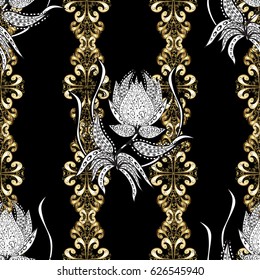 Carving. Furniture in classic style. Seamless element woodcarving. Tree with gold trim. Patina. Pattern on black background with golden elements. Luxury furniture. Small depth of field.