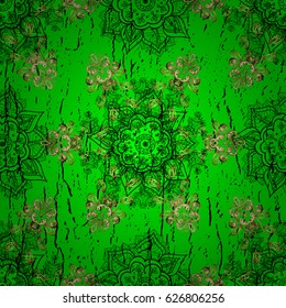 Carving. Green tree with gold trim. Pattern on green background with golden elements. Patina. Furniture in classic style. Luxury furniture. Element woodcarving. Small depth of field.