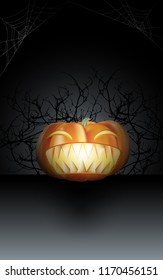 Carving halloween pumpkin with big scary teeth in the dark night with dry twigs and spider webs. Vector illustration.