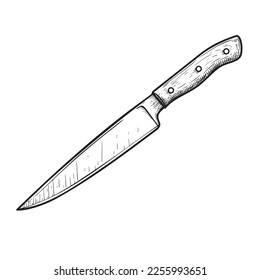 Carving knife with wooden handle. Butcher and kitchen utensil. Chef's tool. Hand drawn sketch style drawing. Vector illustration.