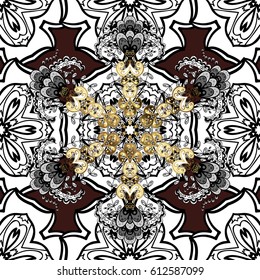 Carving. Patina. Pattern on brown background with golden elements. 
