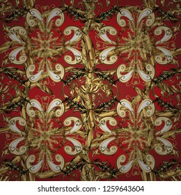 Carving. Pattern on brown and red colors with golden elements. Furniture in classic style. Seamless element woodcarving. Luxury furniture. Patina. Brown and red backdrop with gold trim.