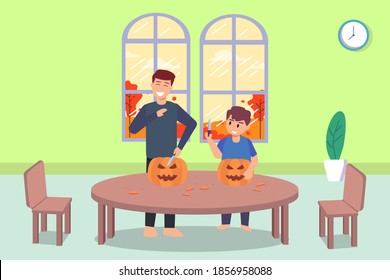 Carving pumpkin vector concept: Young father and little son carving pumpkin together while using knife