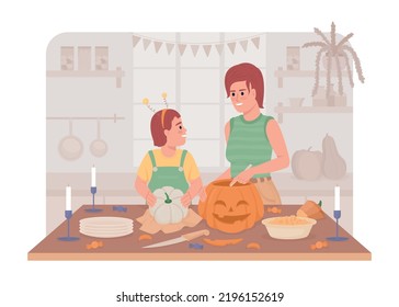 Ilustración aislada de las calabazas talladas vectoriales 2D. Madre e hija preparándose para los personajes planos de vacaciones en el fondo de las caricaturas. Halloween colorida escena editable para móvil, sitio web