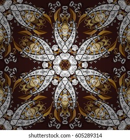 Carving. Seamless element woodcarving. Furniture in classic style. Brown tree with gold trim. Luxury furniture. Small depth of field. Pattern on brown background with golden elements. Patina.